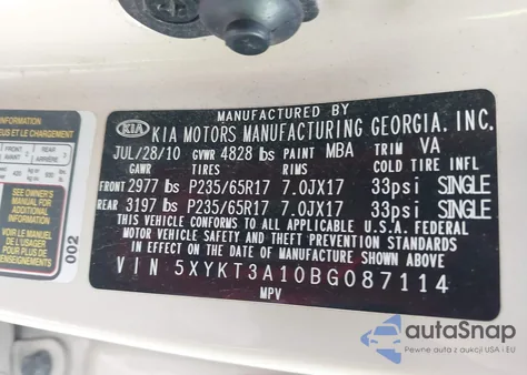 2011 Kia Sorento Lx z USA, uszkodzony, nr VIN 5XYKT3A10BG087114